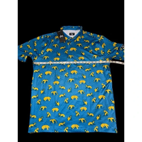 Waggle Blue Golden Bear Print Short Sleeve Golf‎ Polo Tour Soft Touch New Sz XL - Picture 6 of 8